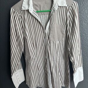 Brown and White Striped Button-Up Shirt